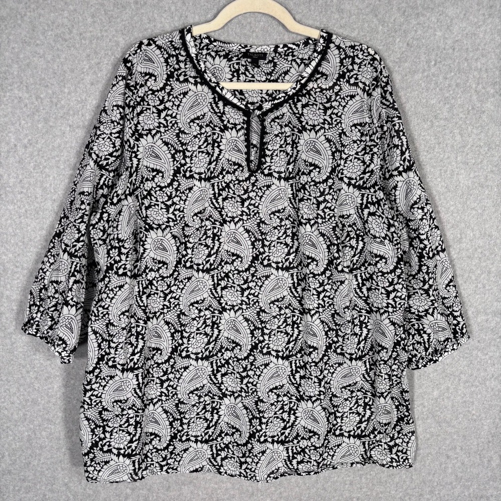 Talbots Blouse 2X Black White Paisley Cotton Peasant Thin Artsy Resort Cruise